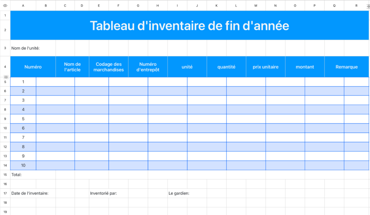 Tableau d'inventaire de fin d'année